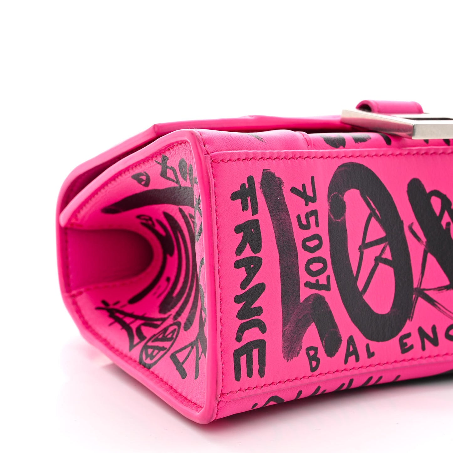 Smooth Calfskin Graffiti Hourglass Top Handle Bag XS Acid Fuchsia Black