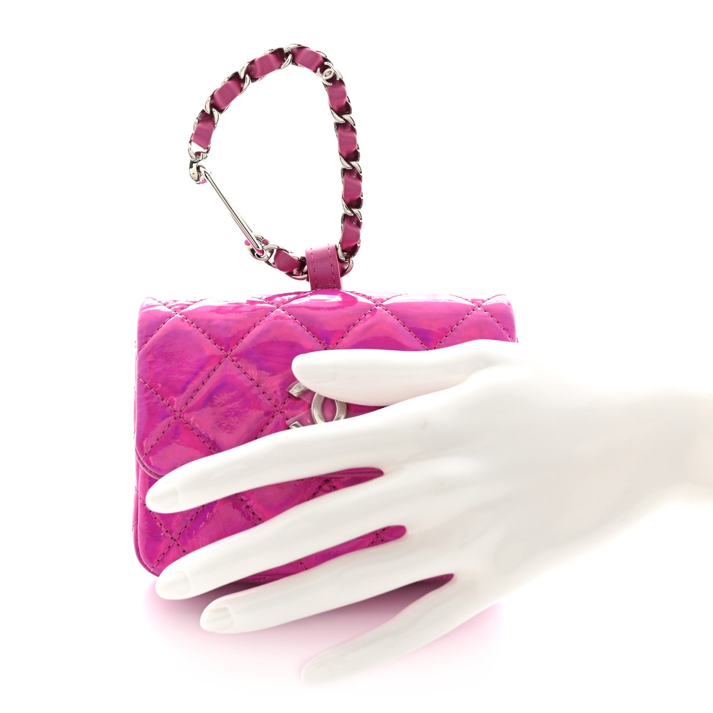 Patent Lambskin Quilted CC Hook Card Holder Pink