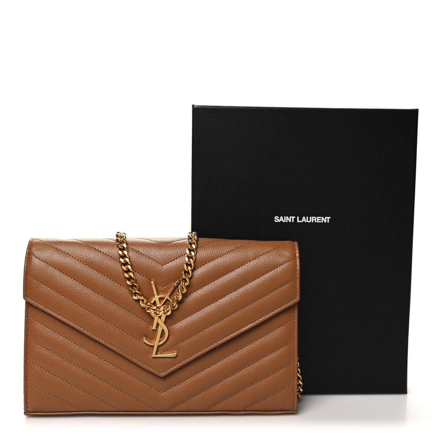 Saint Laurent Grain De Poudre Matelasse Chevron Monogram Chain Wallet Natural Dark 11 of 11