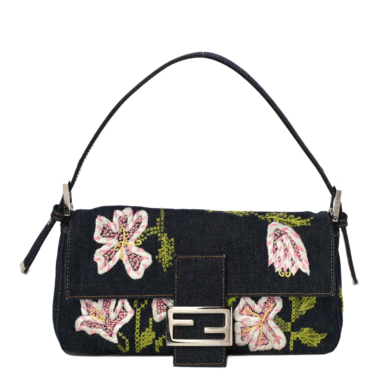 Fendi Denim Embroidered Baguette Blue Multicolor 1 of 9