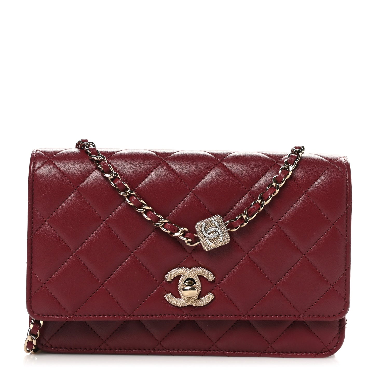 Lambskin Quilted Strass Studded CC Wallet on Chain WOC Burgundy