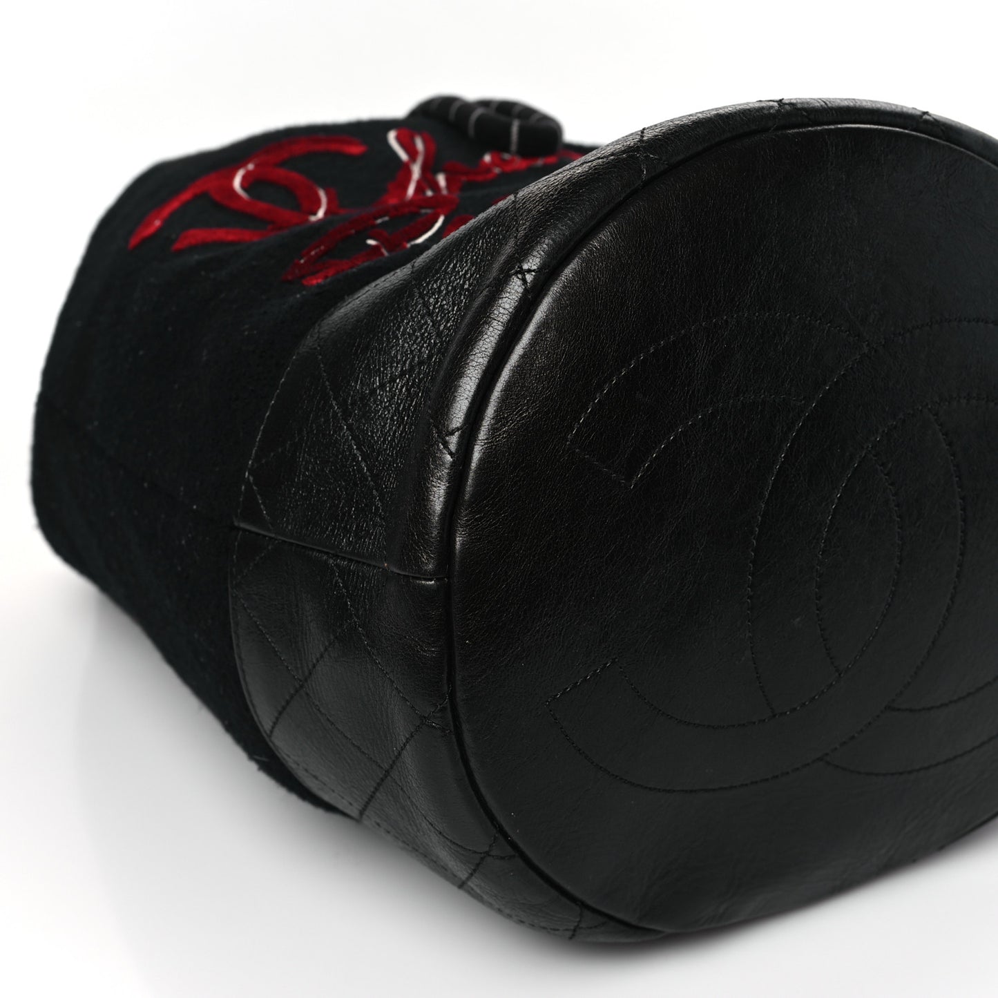 Wool Calfskin Embroidered Paris Hamburg Drawstring Backpack Black