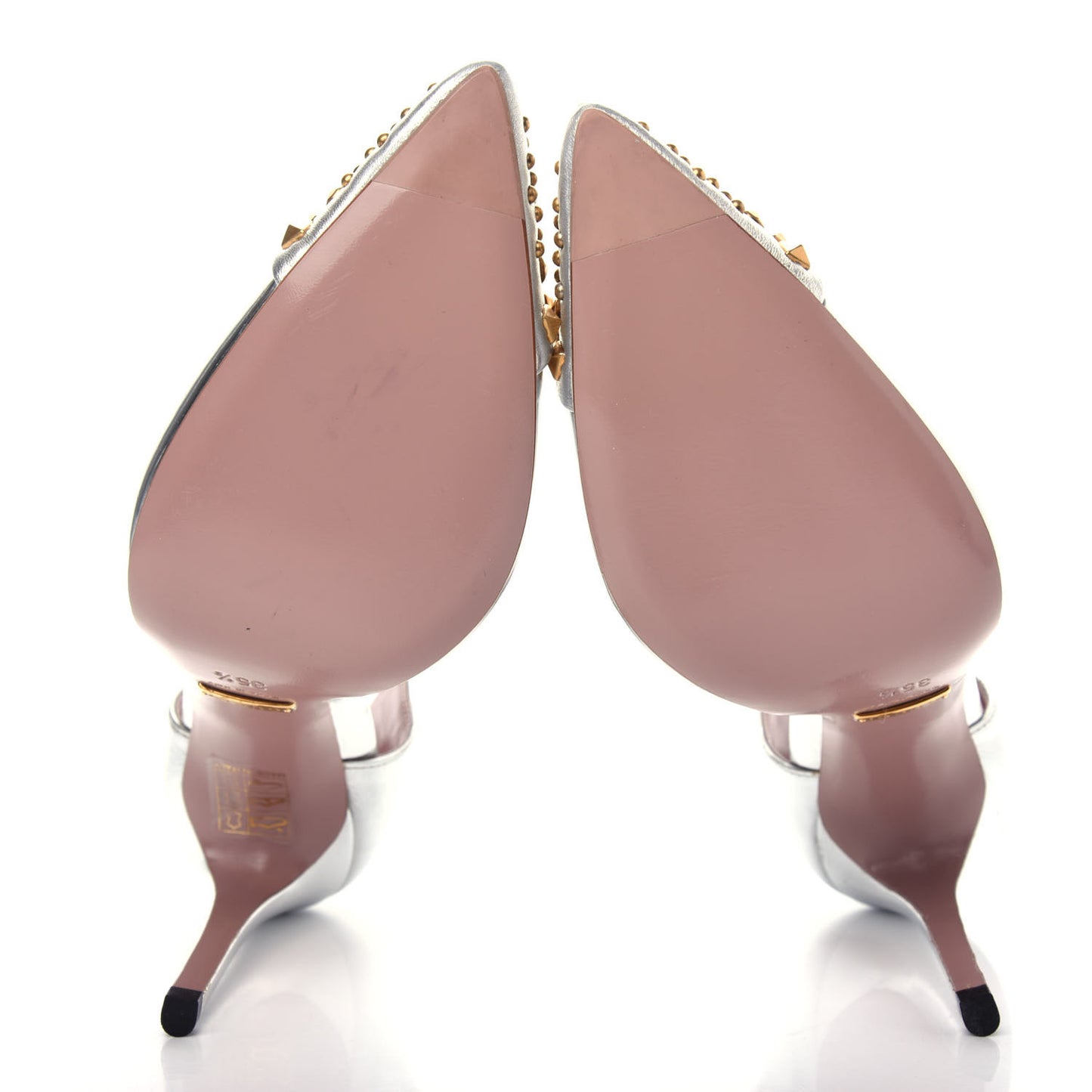 Metallic Calfskin Studded Cap Toe T Strap Pumps 35.5 Argento