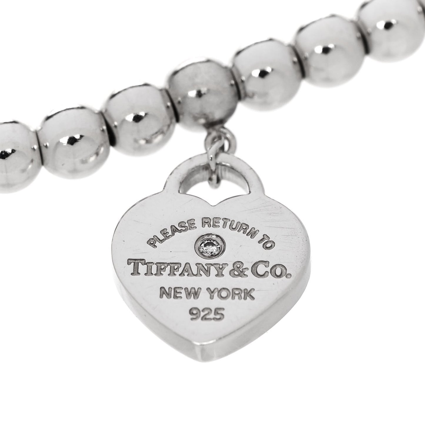 Sterling Silver Enamel Diamond 4mm Return to Tiffany Heart Tag Bead Bracelet Blue