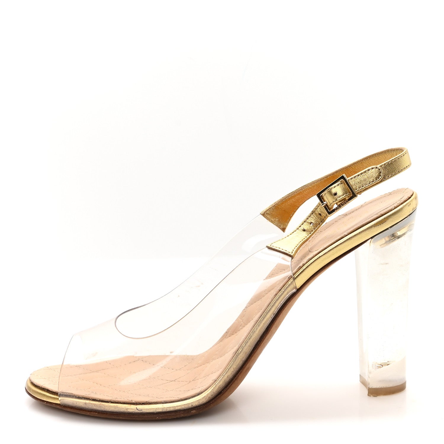 Chanel Metallic Calfskin PVC Peep Toe Heels 41 Gold 1777025