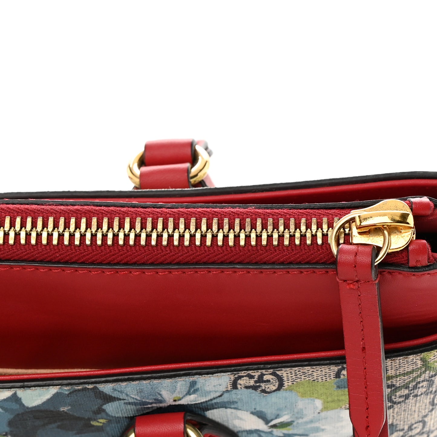 GG Supreme Monogram Blooms Medium Zip Top Tote Beige Blue Navy Hibiscus Red