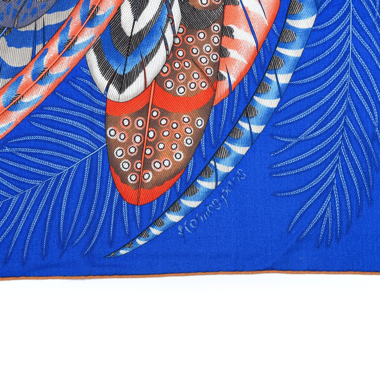Hermes Cashmere Silk Plumes En Fete Shawl 140 Bleu Roy Jaune Rouge 3 of 6