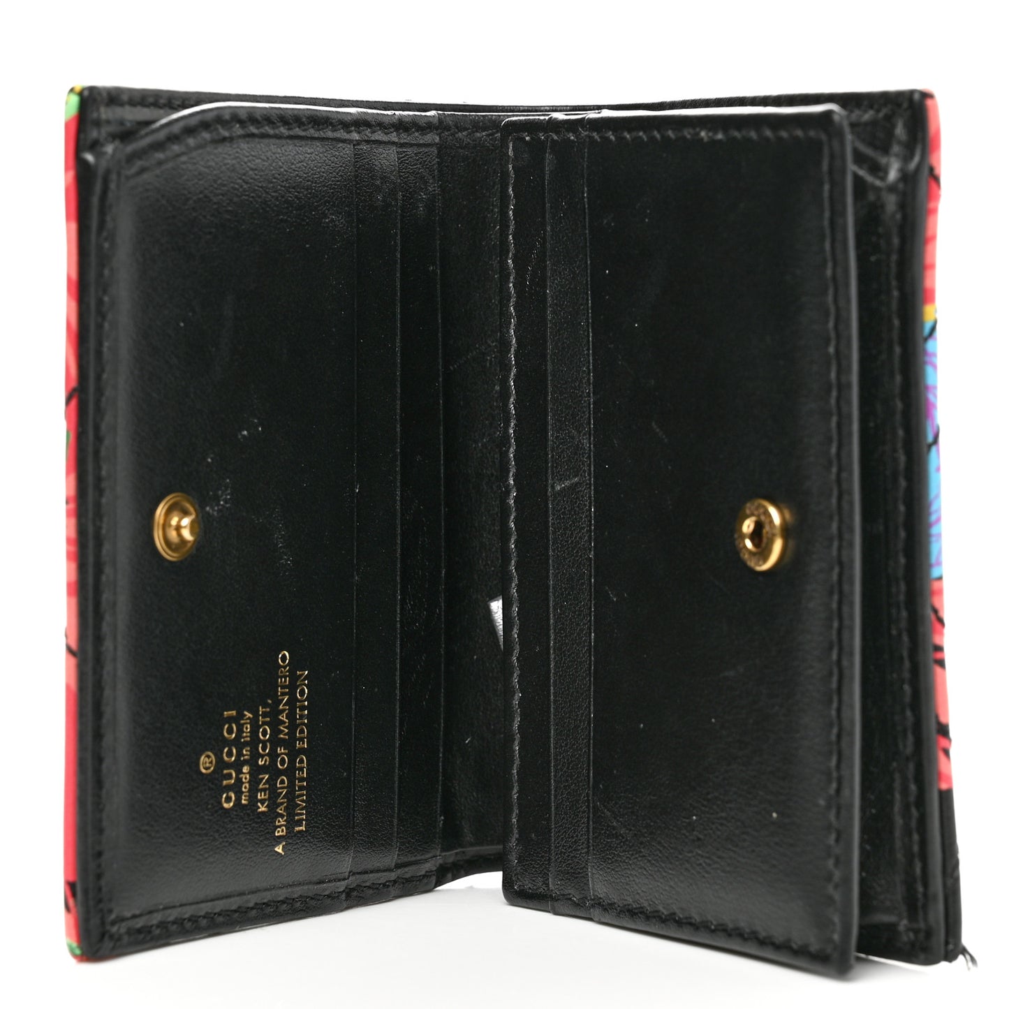 X KEN SCOTT Calfskin Matelasse Floral Print GG Marmont Card Case Wallet Black