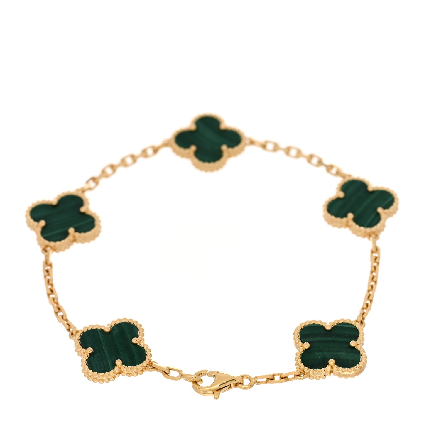 18K Yellow Gold Malachite 5 Motifs Vintage Alhambra Bracelet