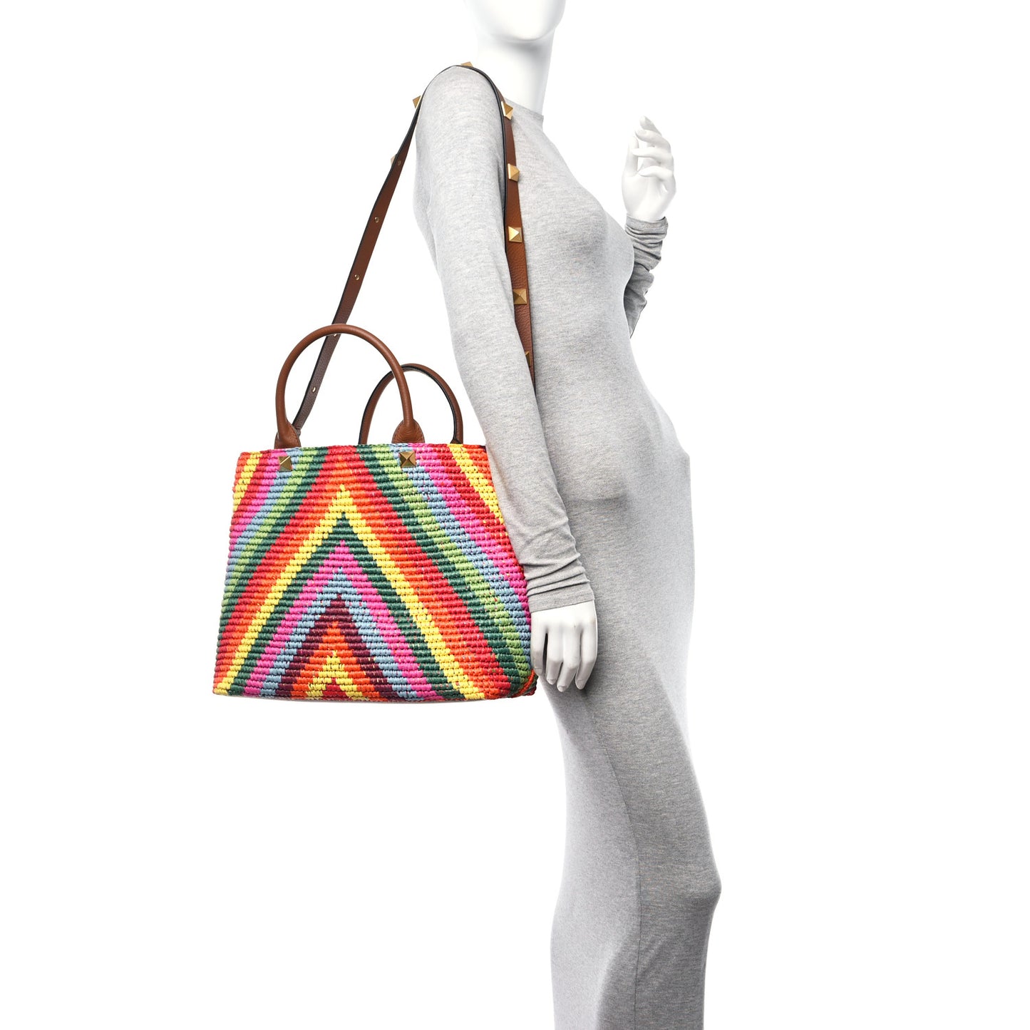Raffia Calfskin Rockstud Summer Tote Multicolor