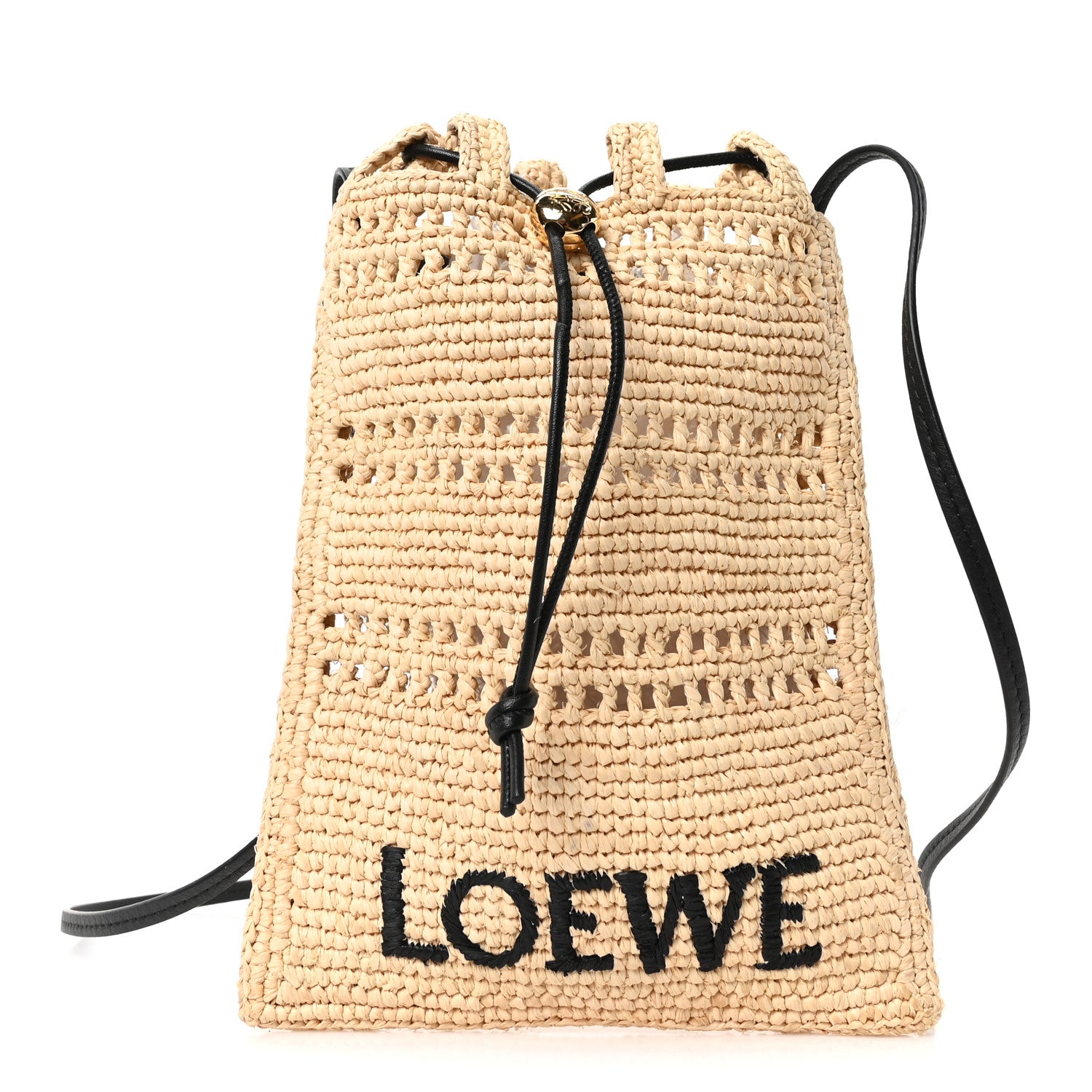LOEWE ストローバッグ ロゴ入り Loewe Raffia Logo Drawstring Pocket Crossbody Natural Black