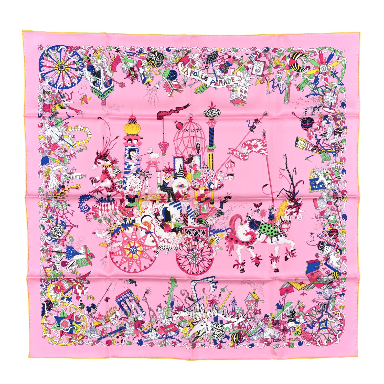 Hermes Silk La Folle Parade Scarf 90 Rose White Multicolor 1803029