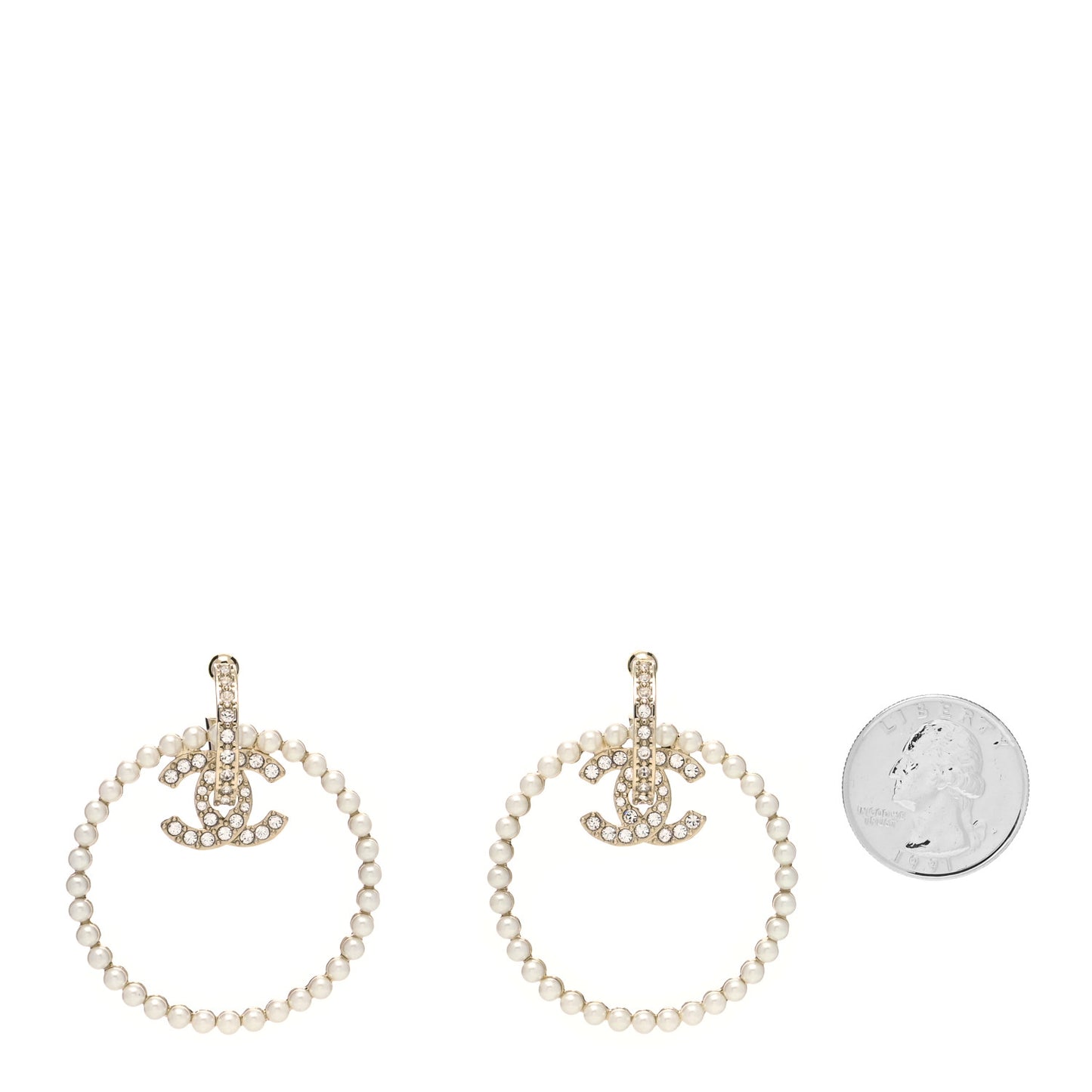 Crystal Pearl CC Door Knocker Hoop Earrings Gold Pearly White
