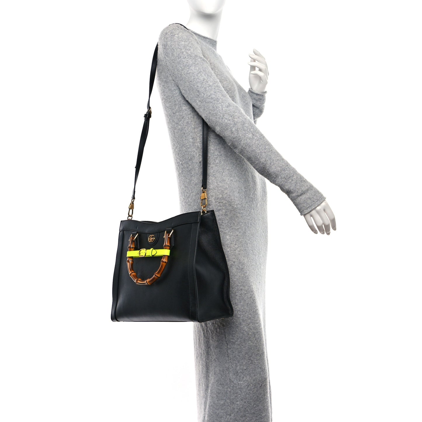 Calfskin Medium Diana Tote Bag Black Yellow Fluo