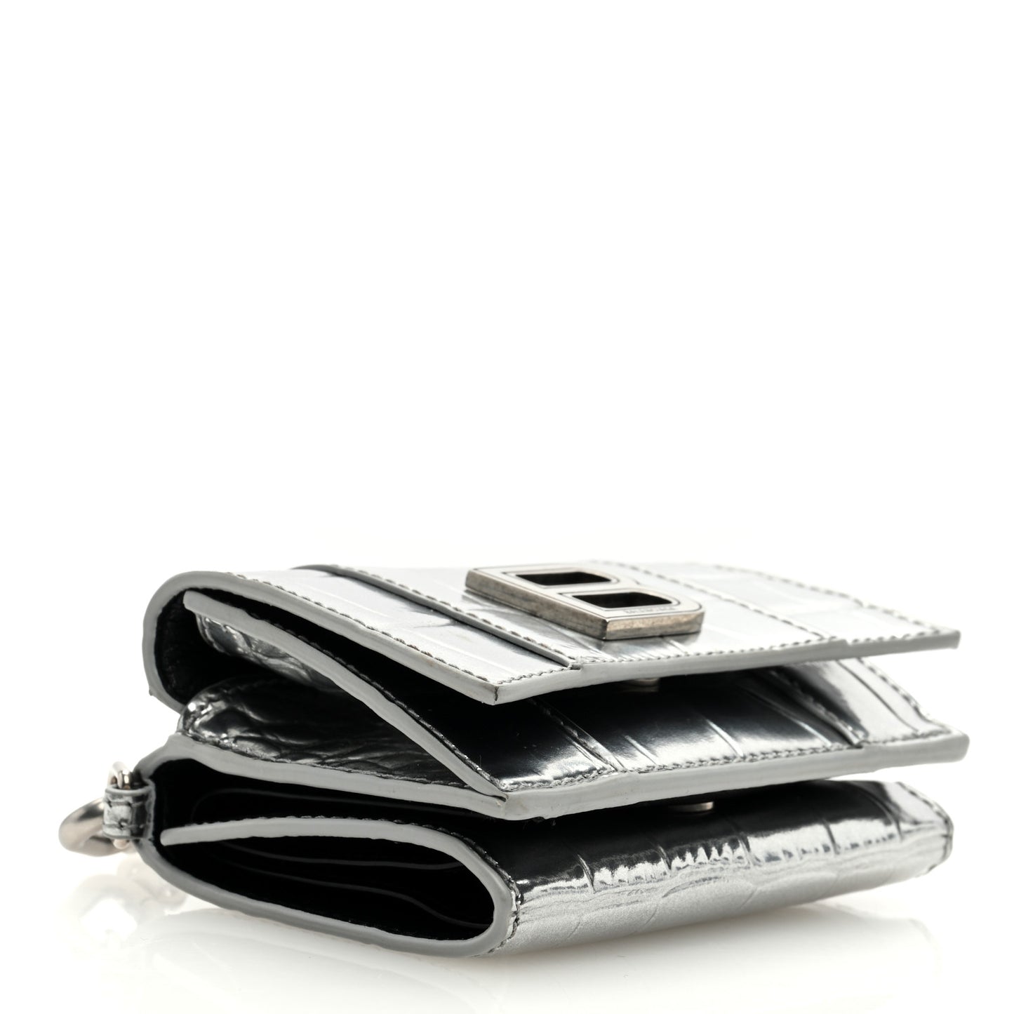 Metallic Calfskin Crocodile Embossed Mini Hourglass Wallet on Chain Silver