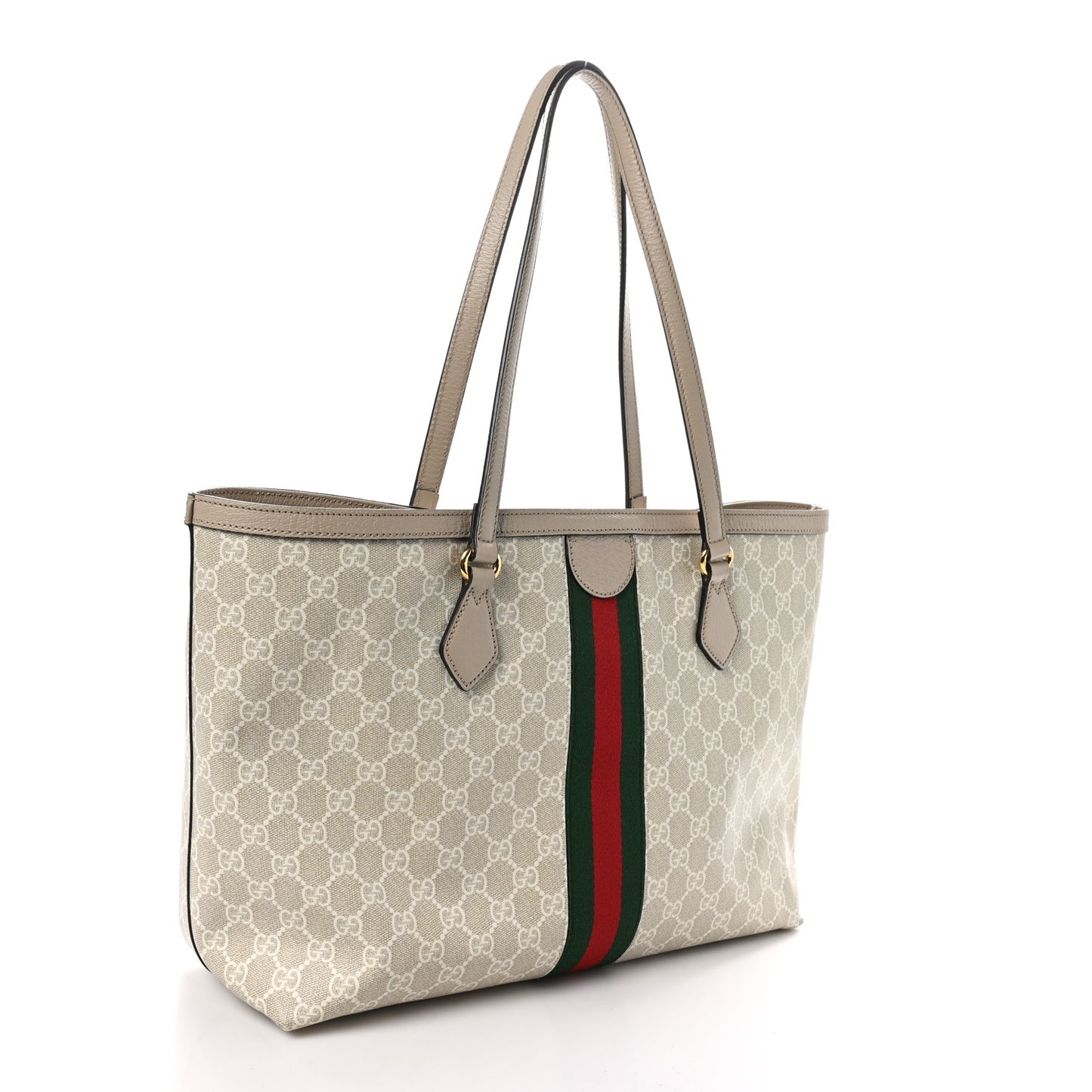 GG Supreme Monogram Textured Dollar Calfskin Web Medium Ophidia Shopping Tote Beige Mystic White Oatmeal
