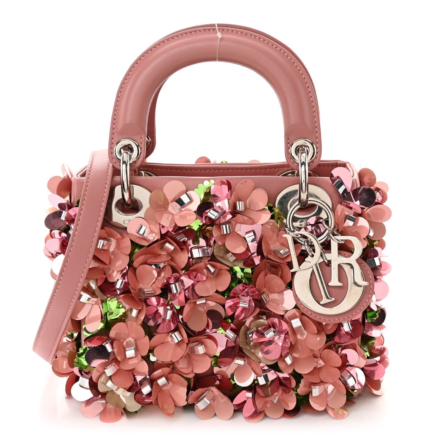 Calfskin Flower Charm Embellished Mini Lady Dior Pink