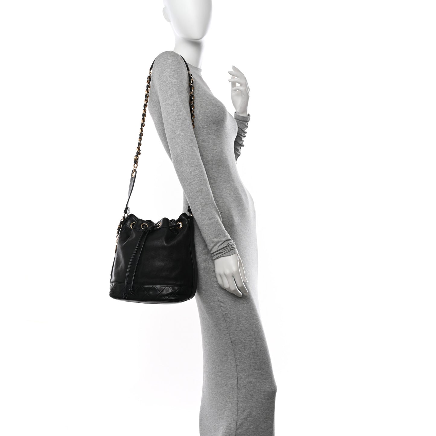 Lambskin Quilted Drawstring Bucket Bag Black