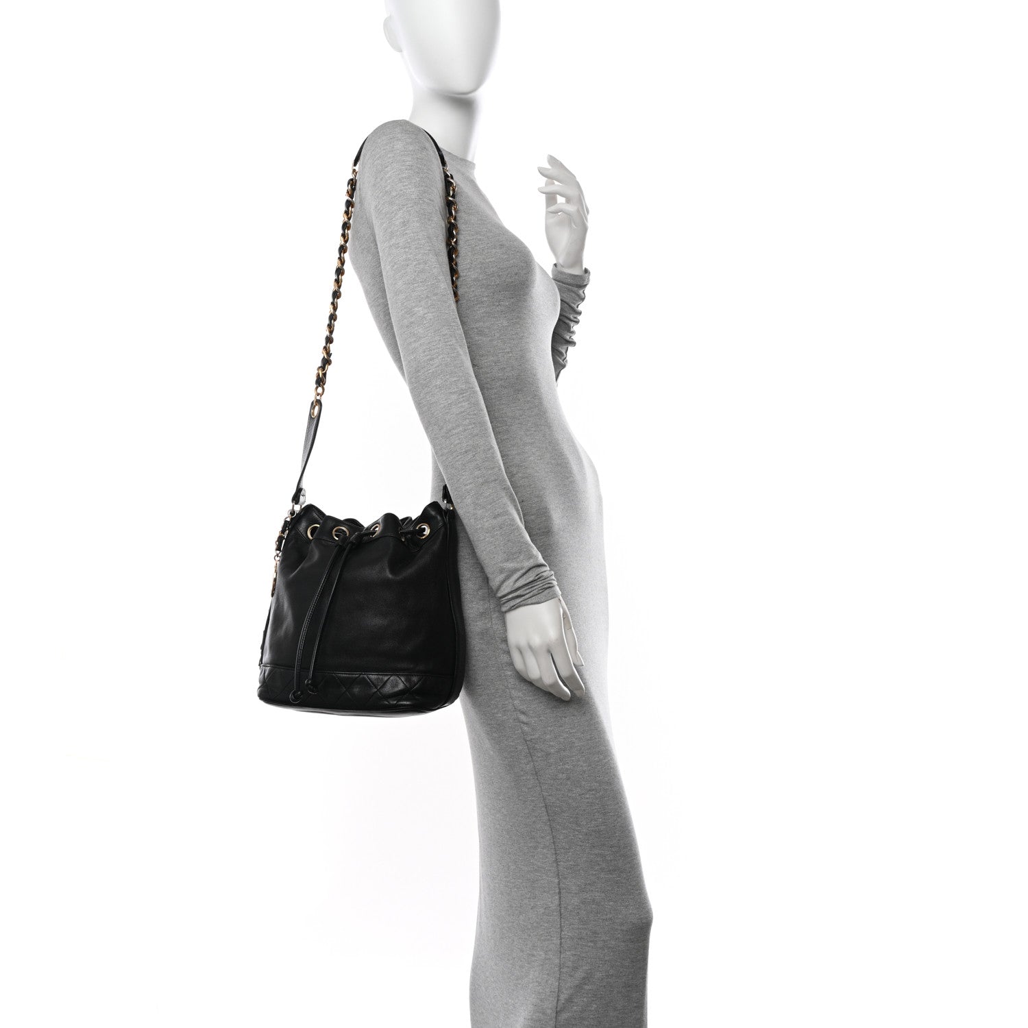 Chanel Lambskin Quilted Drawstring Bucket Bag Black 2 of 11