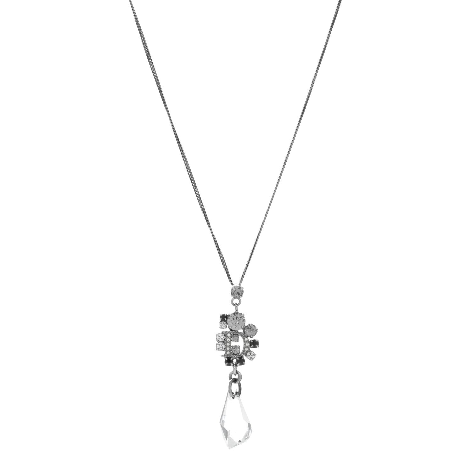 Christian Dior Crystal Logo Necklace Silver Black 1 of 4