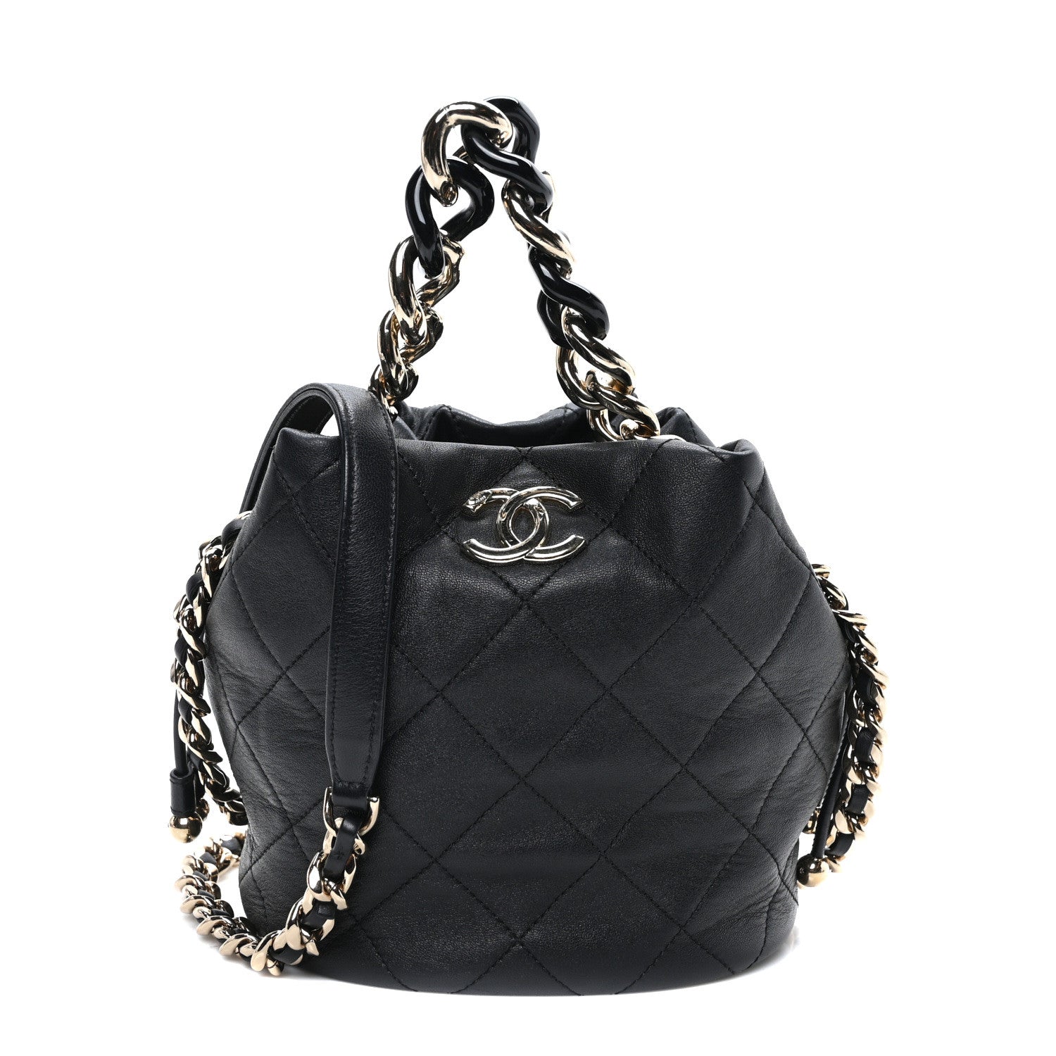 Chanel Shiny Lambskin Quilted Chain Is More Drawstring Bag Black