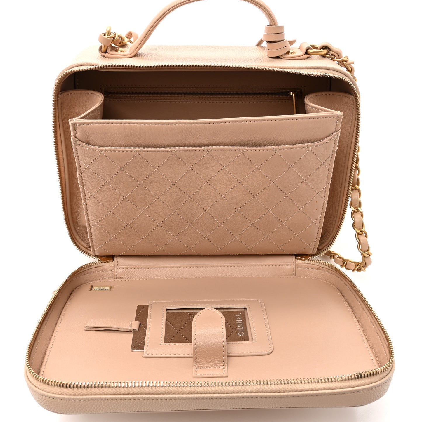 Caviar Quilted Large CC Filigree Vanity Case Beige