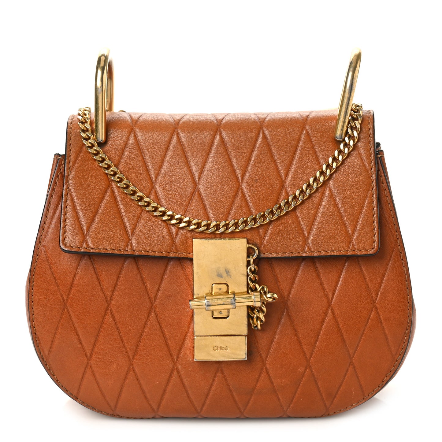 Lambskin Diamond Embossed Small Drew Shoulder Bag Caramel
