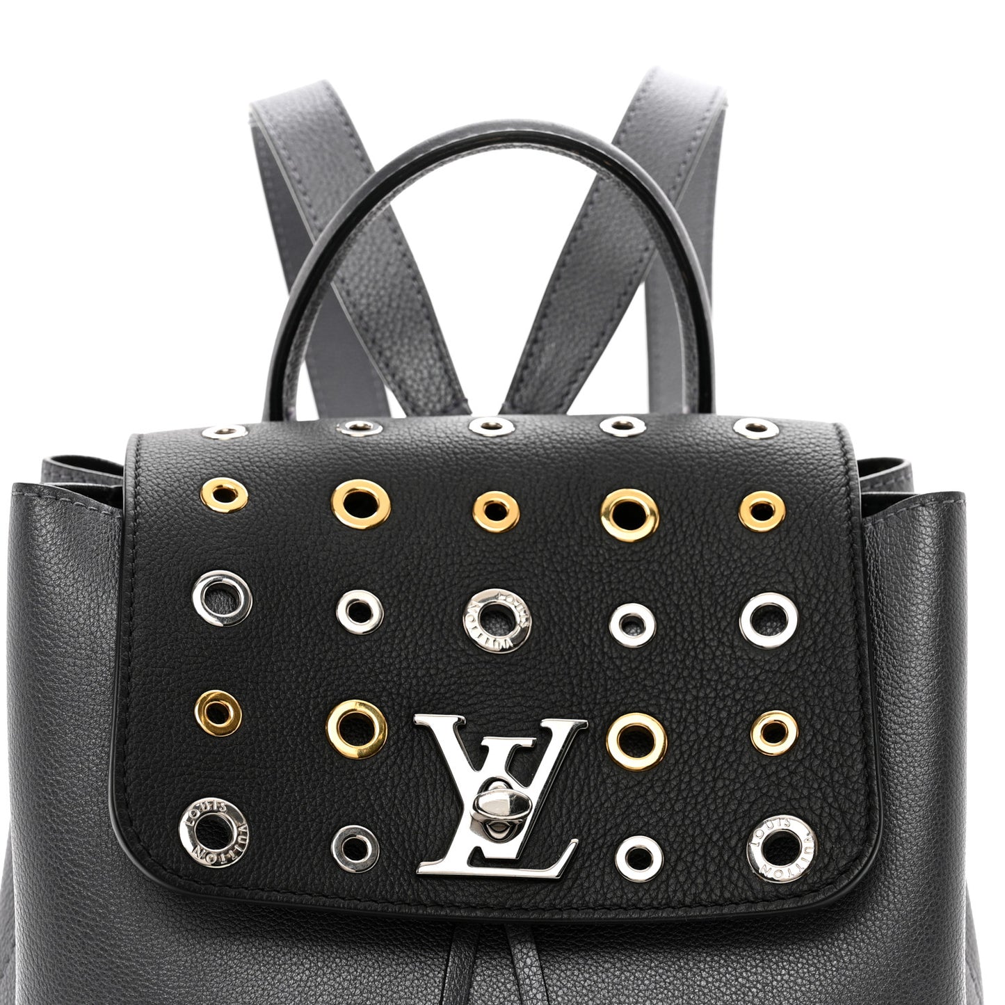 Metallic Calfskin Eyelet Lockme Backpack Black