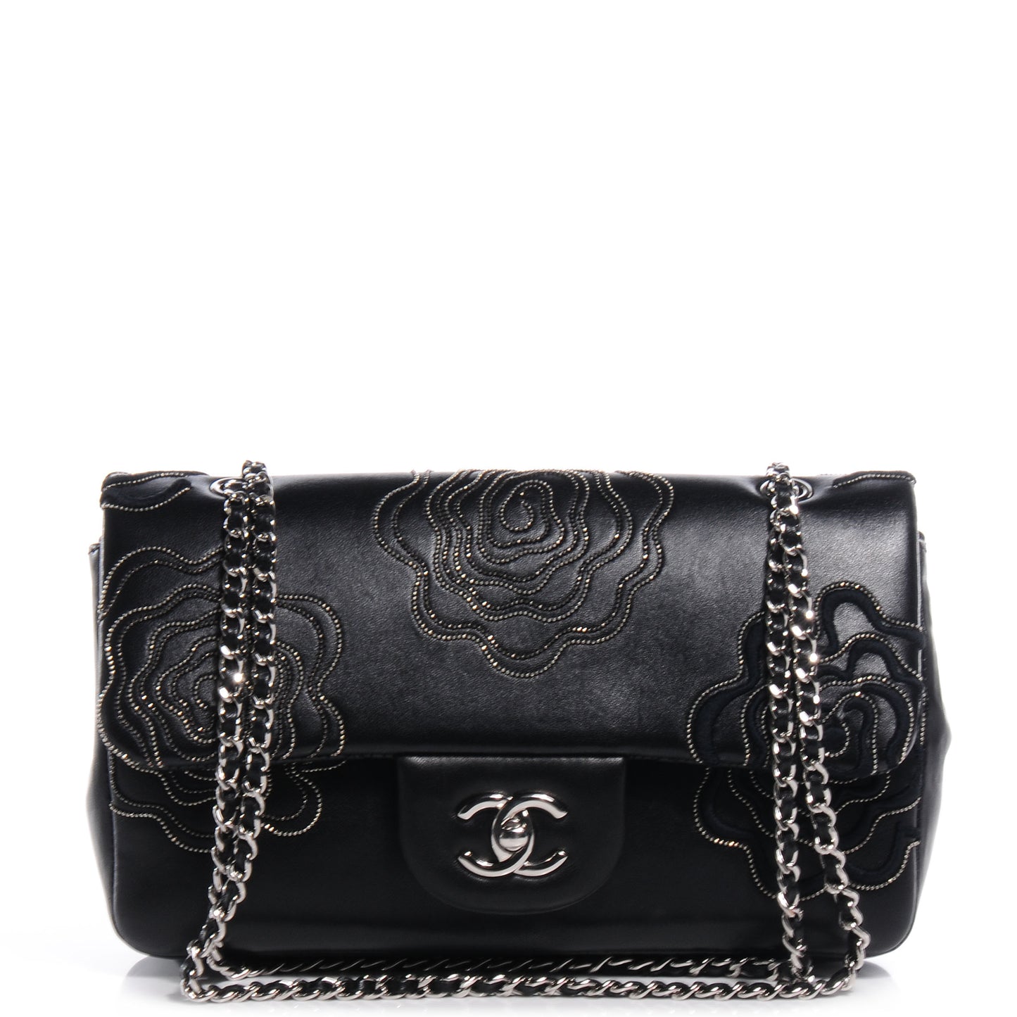 Lambskin Embroidered Camellia Follies Flap Black