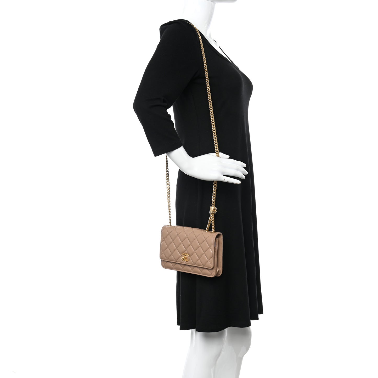 Lambskin Quilted Pillow Crush Wallet On Chain WOC Dark Beige
