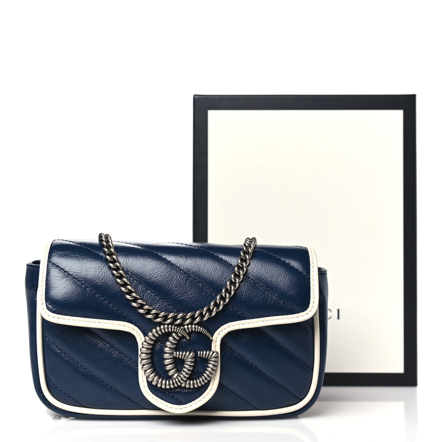 Vintage Effect Calfskin Matelasse Diagonal Super Mini Torchon GG Marmont Shoulder Bag Blue Agata Mystic White