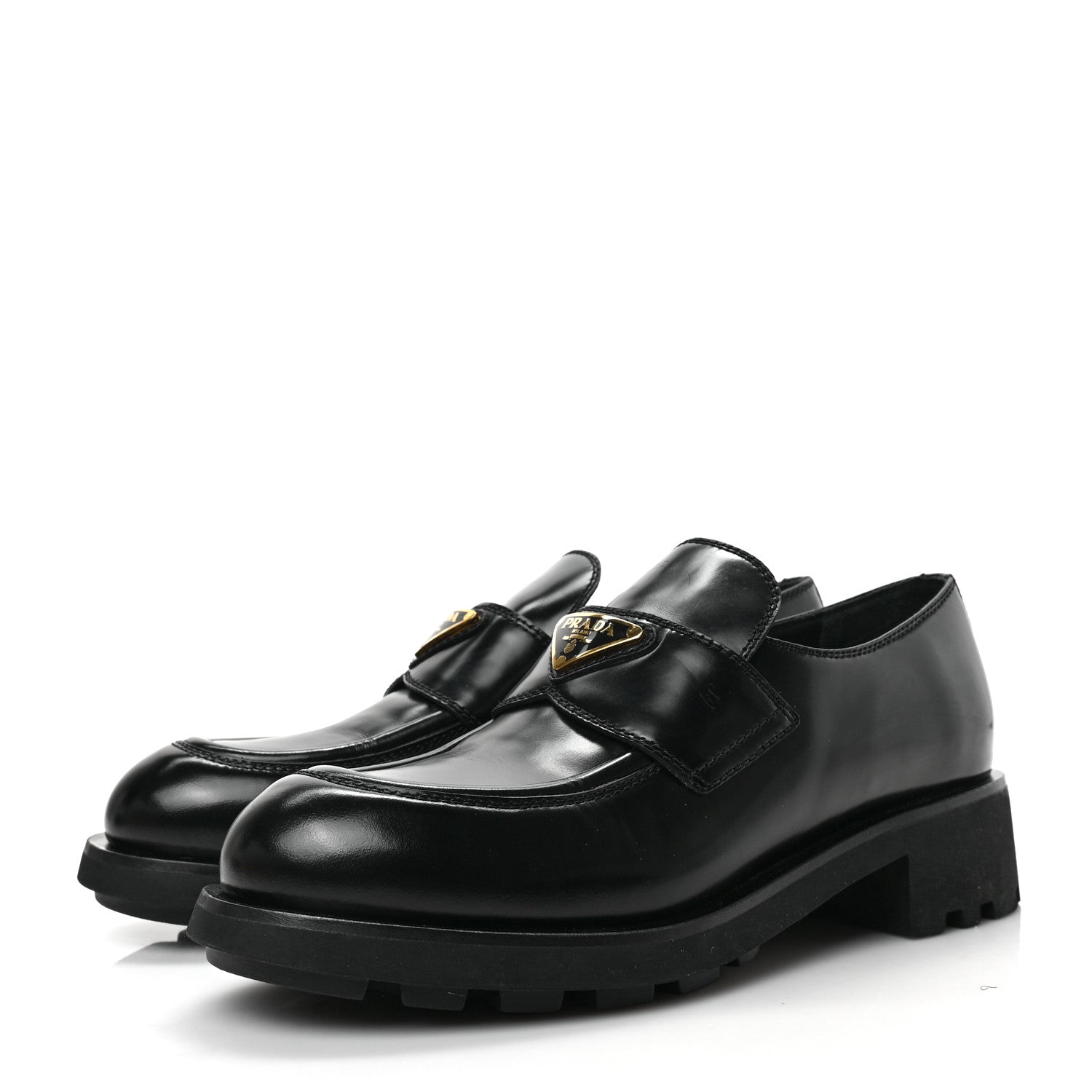 Prada Spazzolato Metal Triangle Logo 50mm Lug Sole Loafers 39 Black 3 of 7