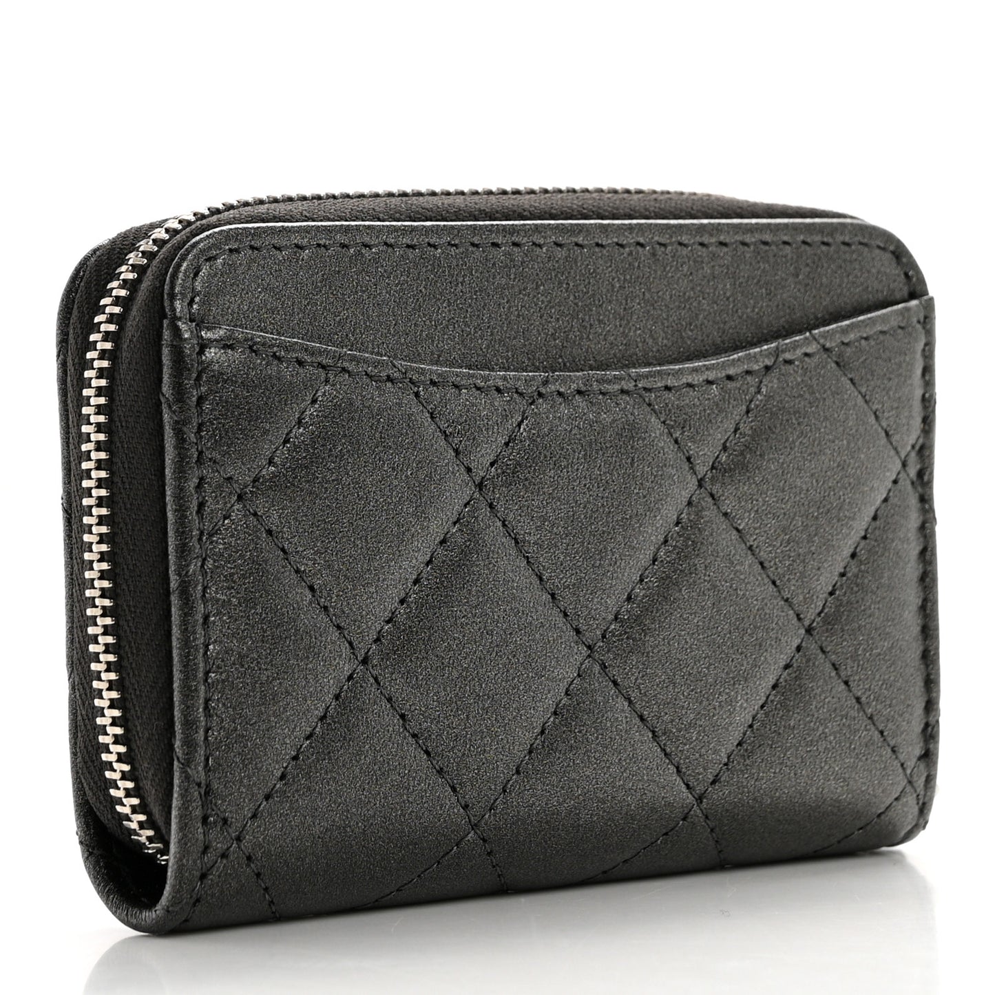 Iridescent Calfskin Quilted Zip Coin Purse Wallet Grey
