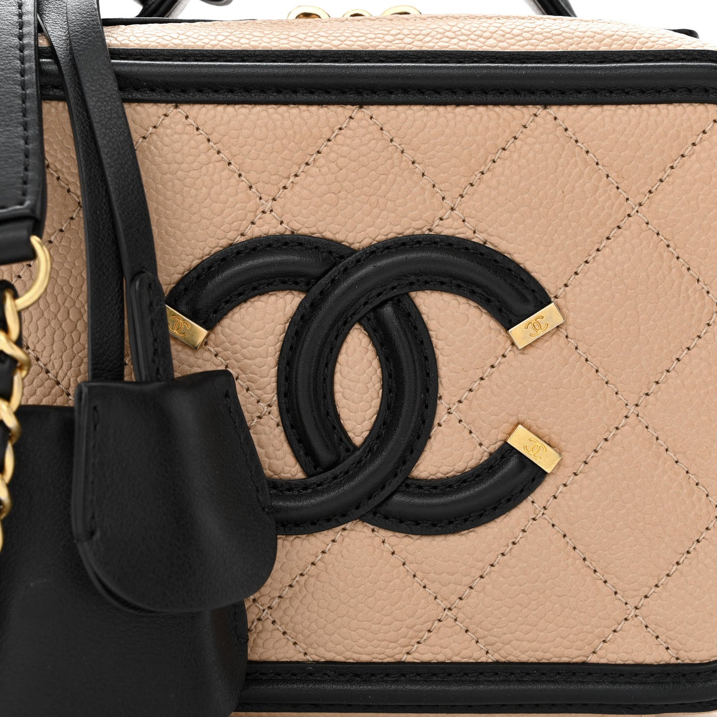 Caviar Quilted Small CC Filigree Vanity Case Beige Black