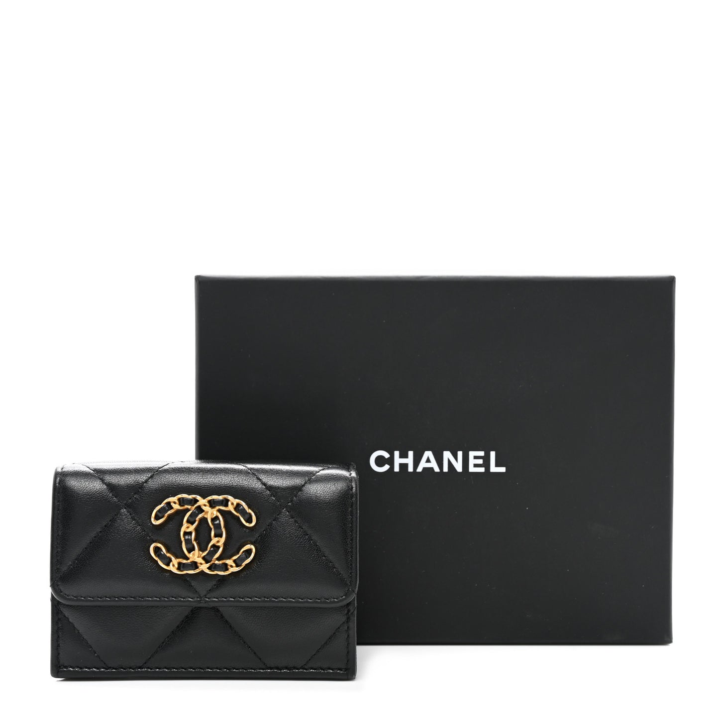 Lambskin Quilted Chanel 19 Flap Card Holder Black