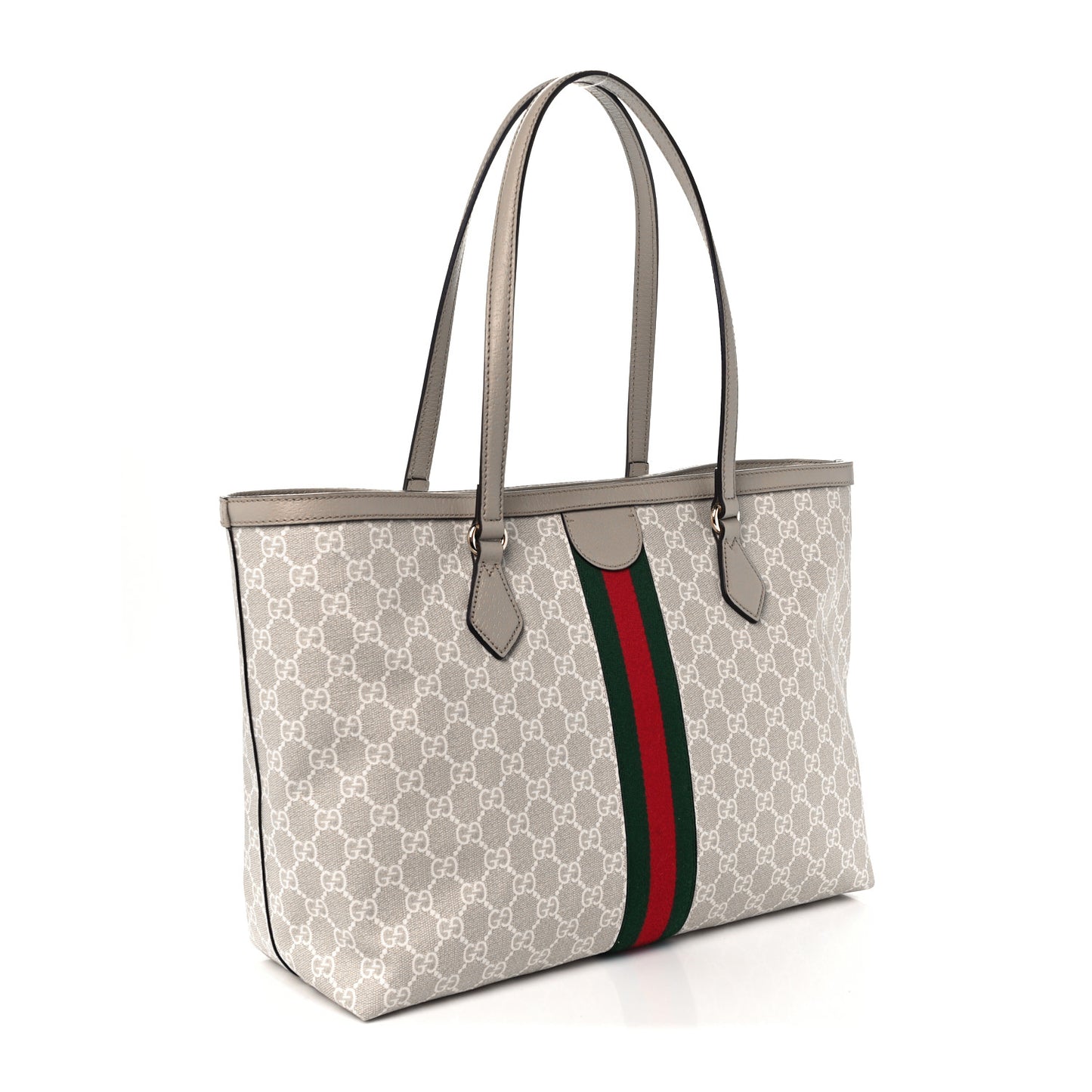 GG Supreme Monogram Textured Dollar Calfskin Web Medium Ophidia Shopping Tote Beige Mystic White Oatmeal