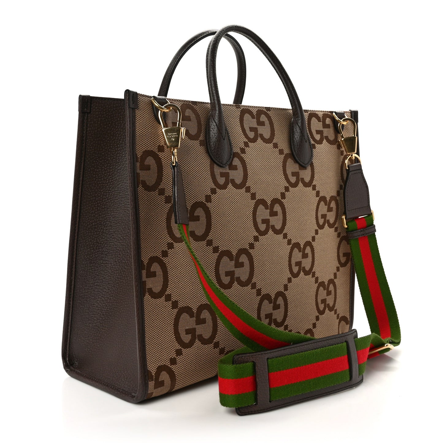 Monogram Jumbo GG Textured Dollar Calfskin Web Tote Bag Camel Ebony New Acero