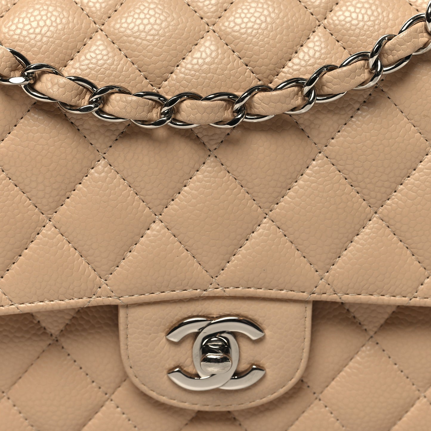 Caviar Quilted Medium Double Flap Beige