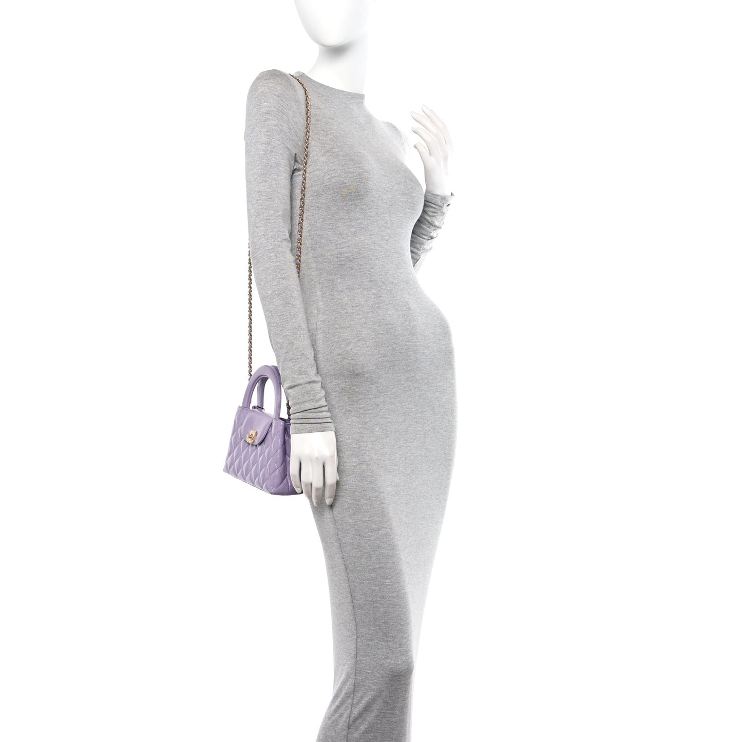 Shiny Aged Calfskin Quilted Nano Kelly Shopper Lilac