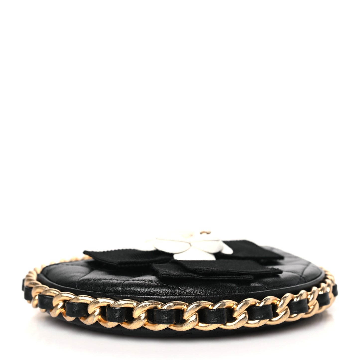 Lambskin Quilted Round Camellia Mini Clutch Black
