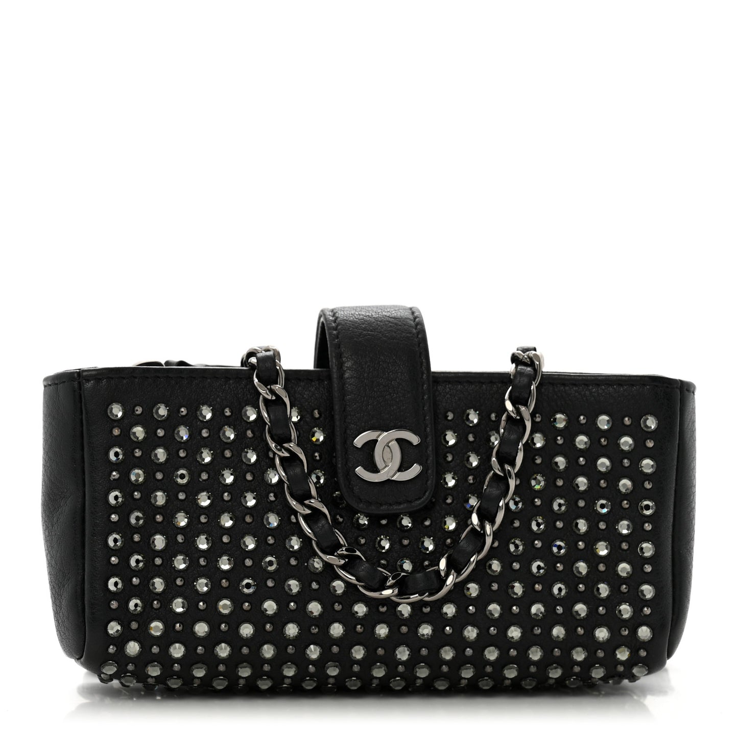 Calfskin Strass Studded Mini Phone Holder Clutch Black