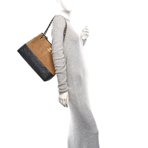 Suede Calfskin Shiny Lambskin Quilted Small Coco Base Shopping Bag Beige Black