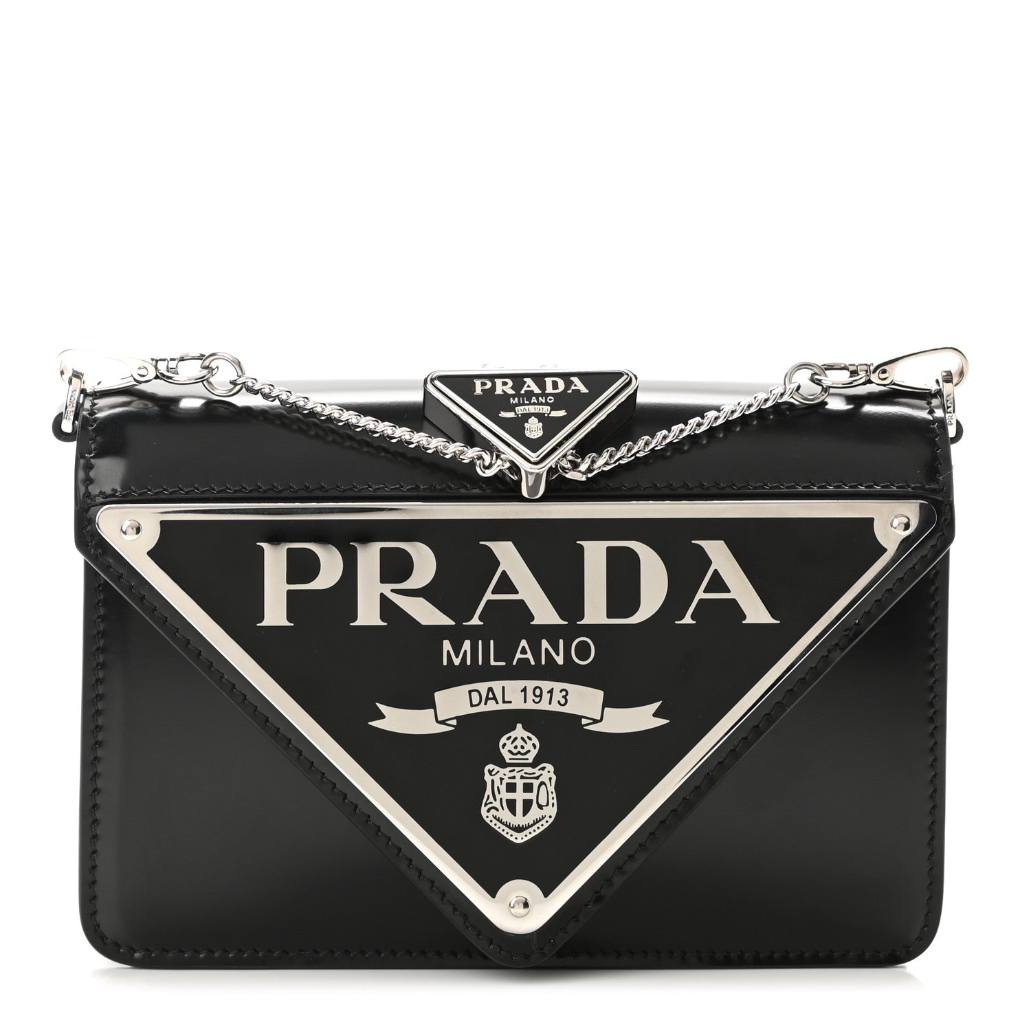 Prada Spazzolato Triangle Logo Plate Flap Chain Crossbody Bag Black 1 of 9