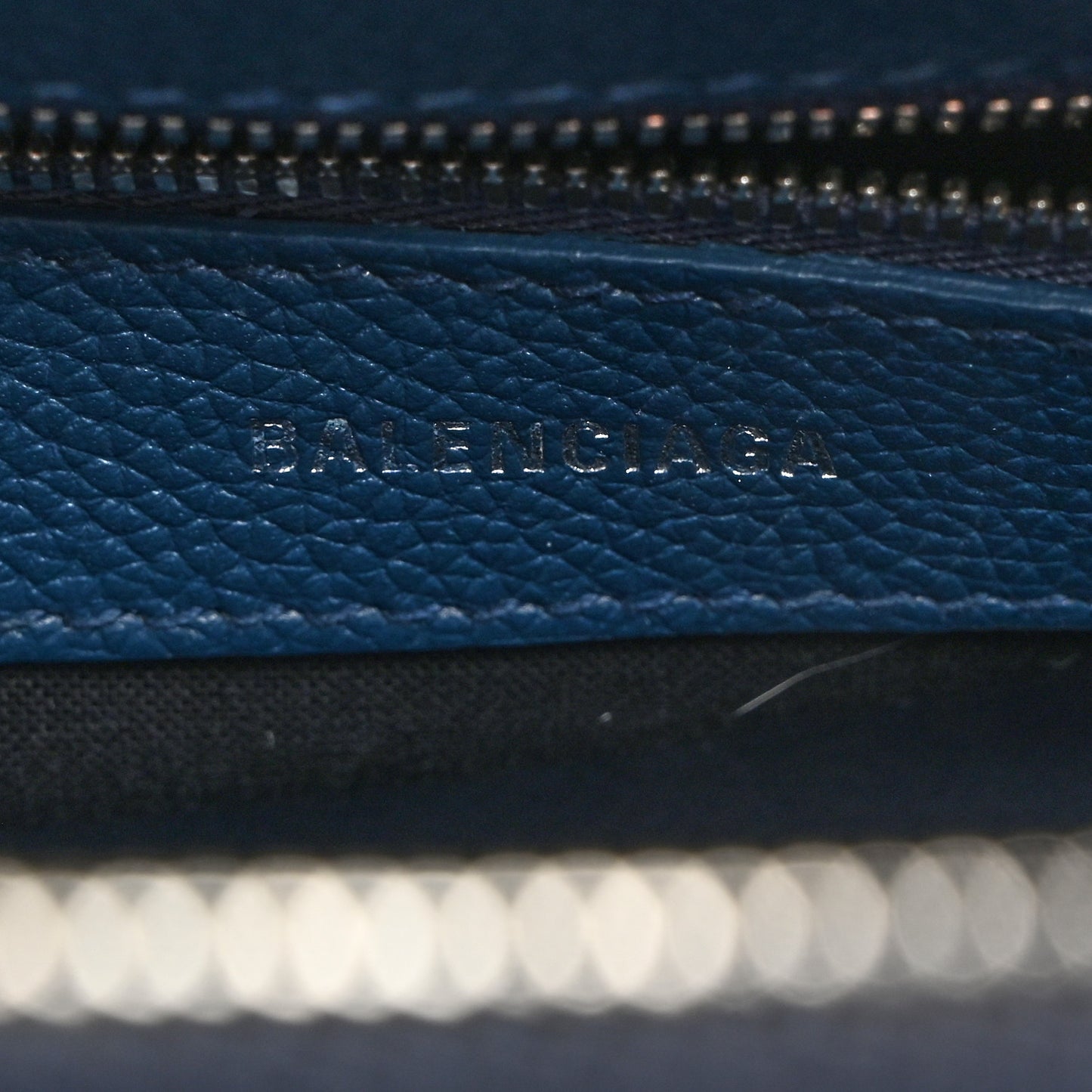 Signature Grained Calfskin Logo S Ville Top Handle Bag Petrol Blue White