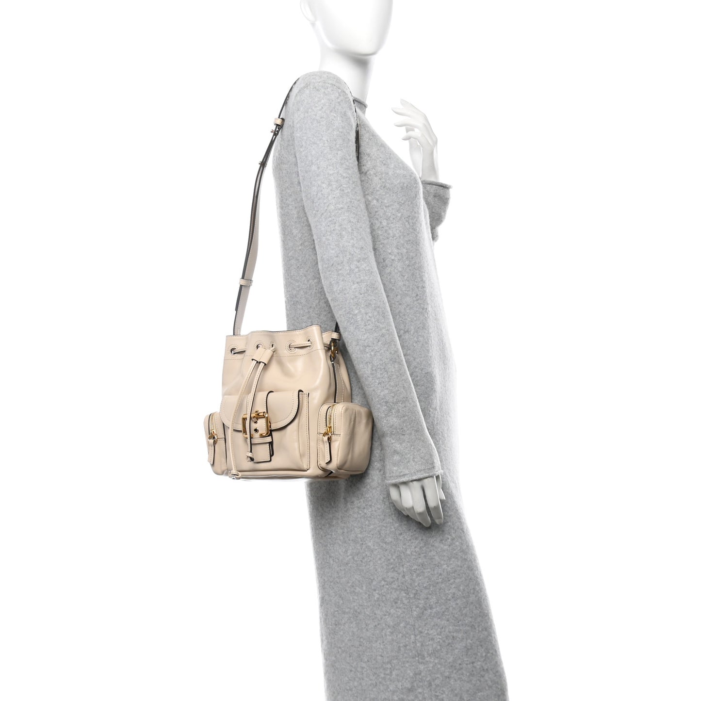 Shiny Calfskin Camera Bucket Bag Sweet Beige