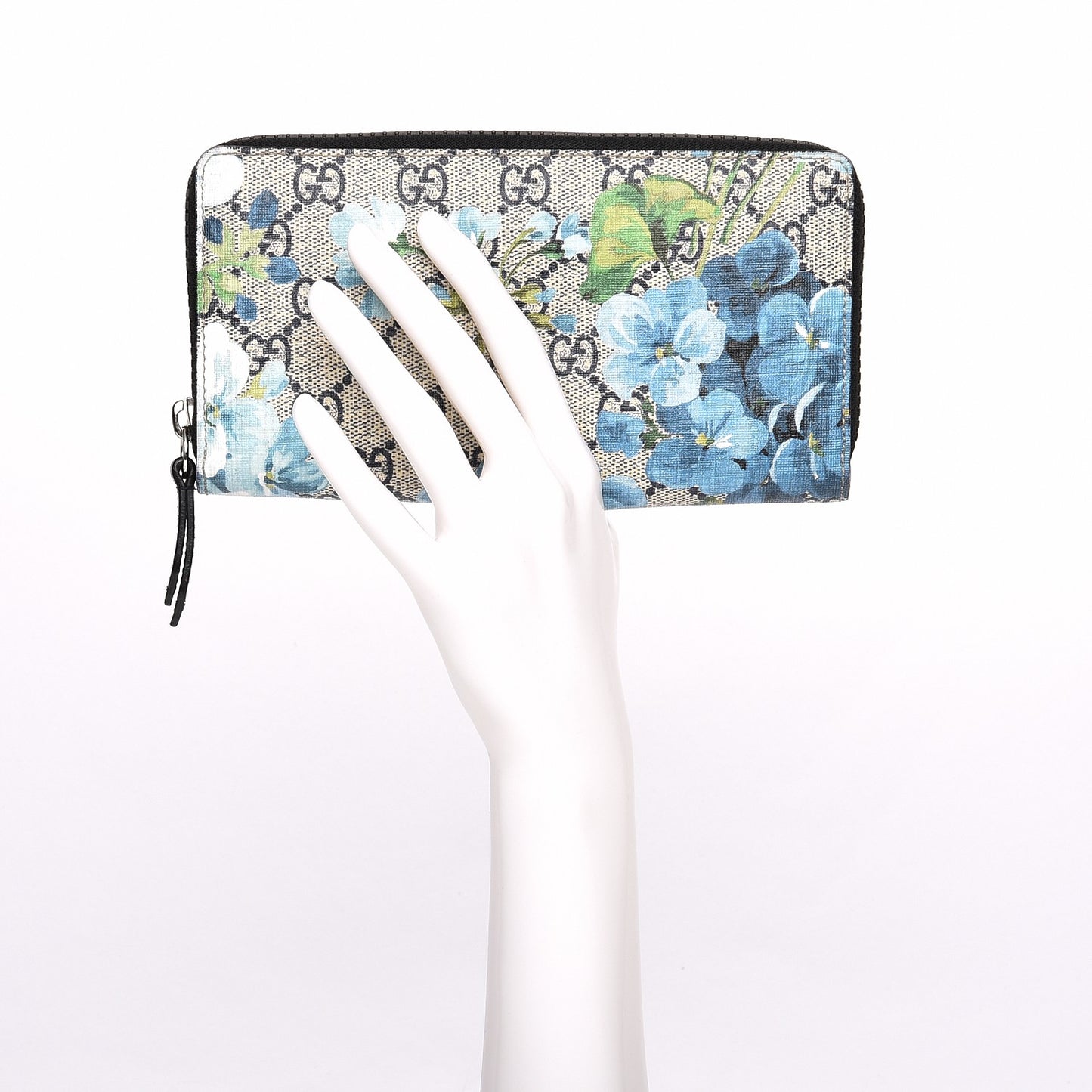 GG Supreme Monogram Blooms Zip Around Wallet Blue