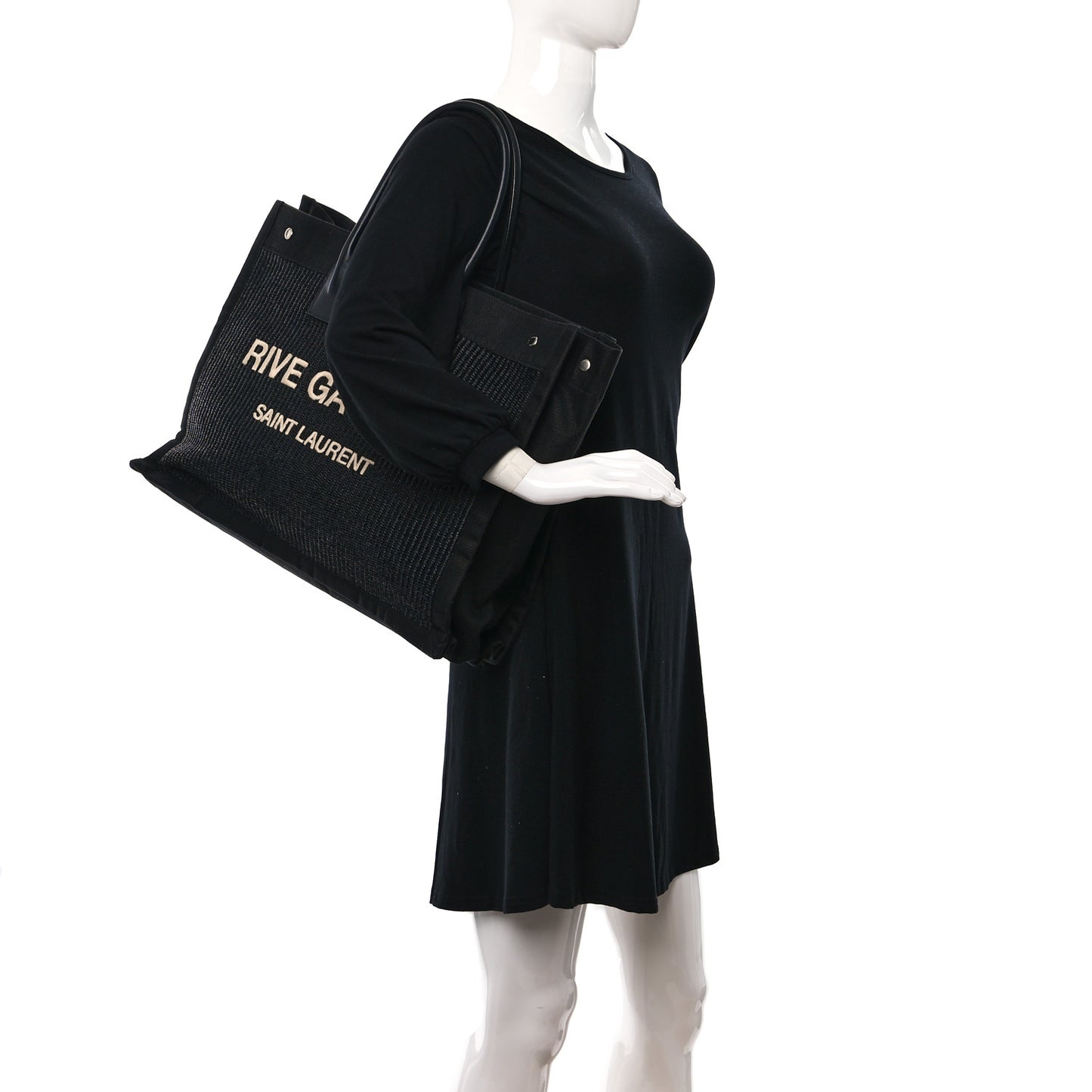 Raffia Linen Calfskin Rive Gauche Tote Black
