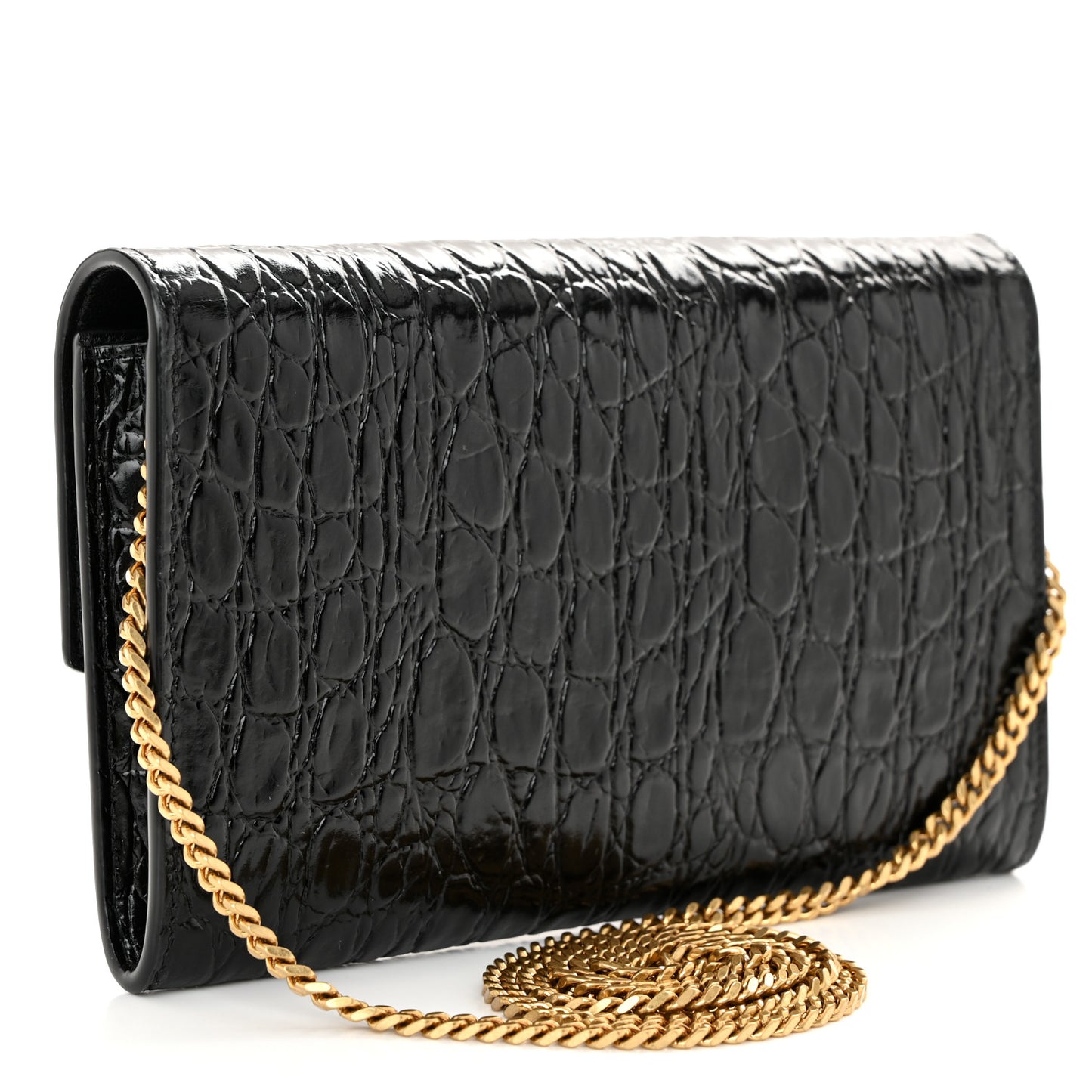 Calfskin Crocodile Embossed Monogram Uptown Chain Wallet Black