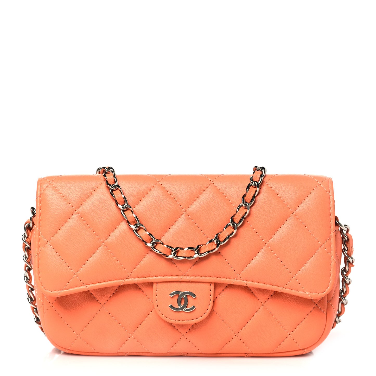 Lambskin Quilted Flap Phone Holder With Chain Orange