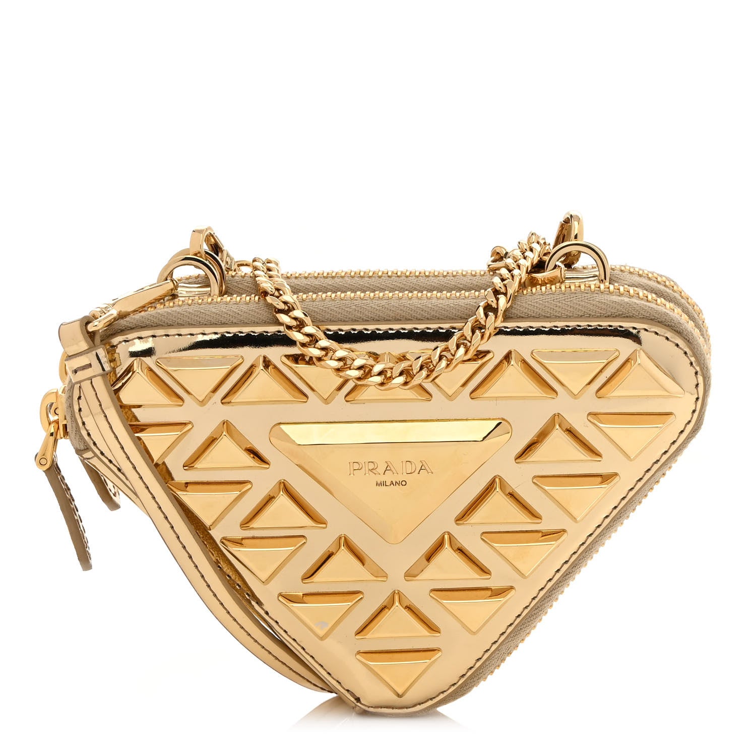 Prada Metallic Vitello Studded Mini Triangle Crossbody Pouch Platino 1 of 10